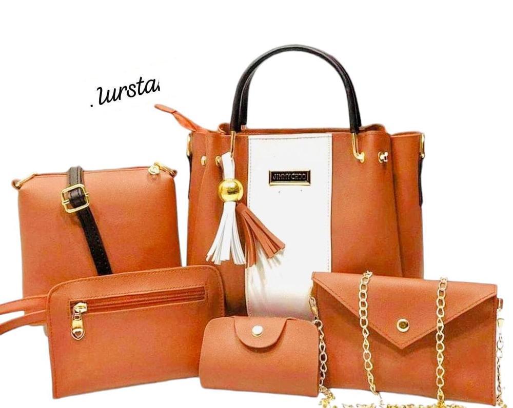 5 Pcs Women's PU Leather Plain Hand Bag Set